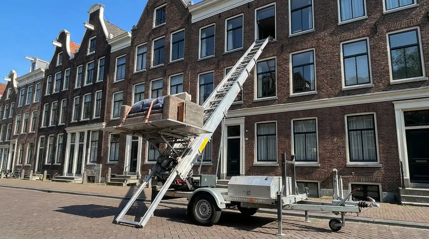 Verhuislift uitgeschoven tot een hoog raam van een bakstenen appartementengebouw