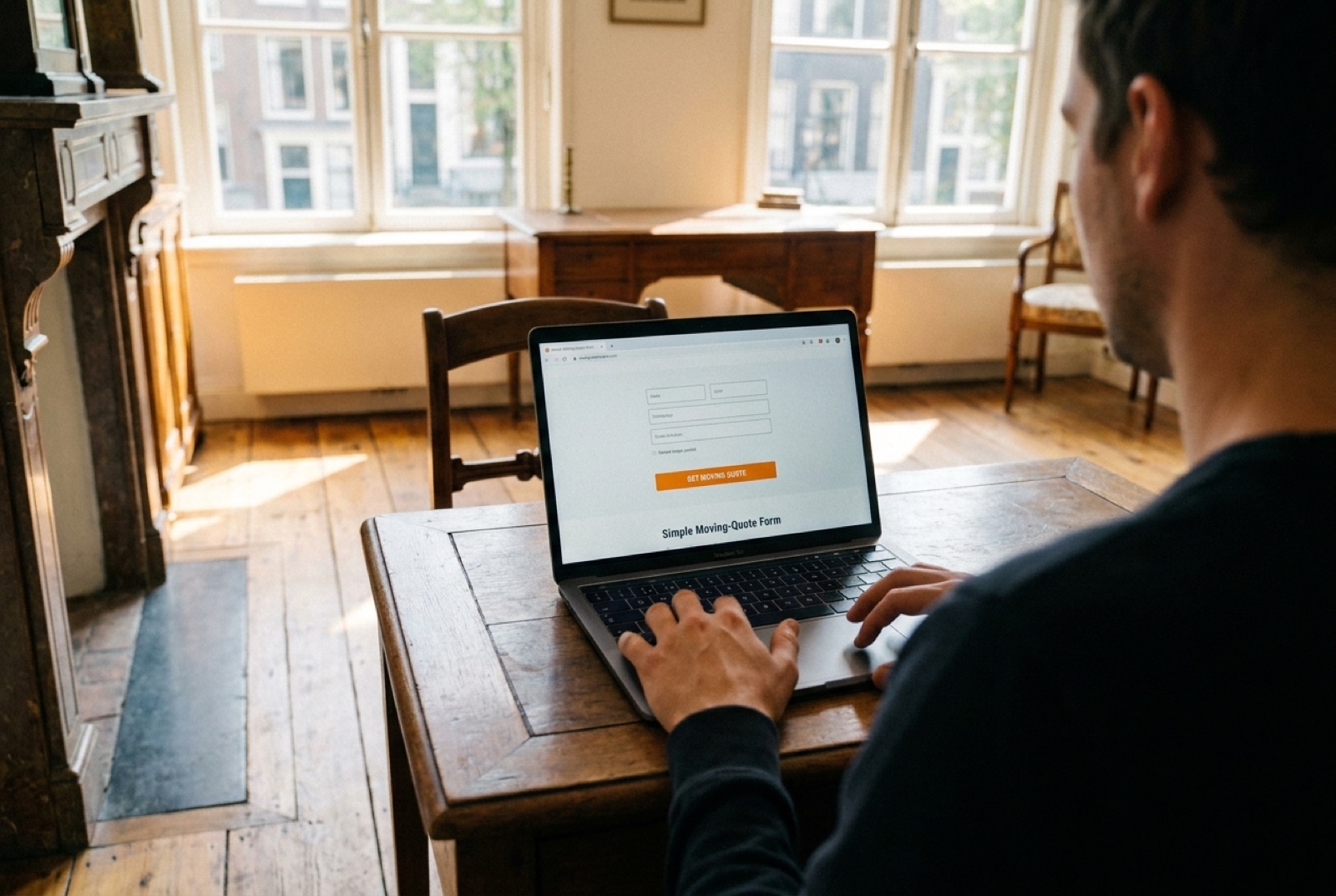 Someone fills in the online moving quote on a laptop