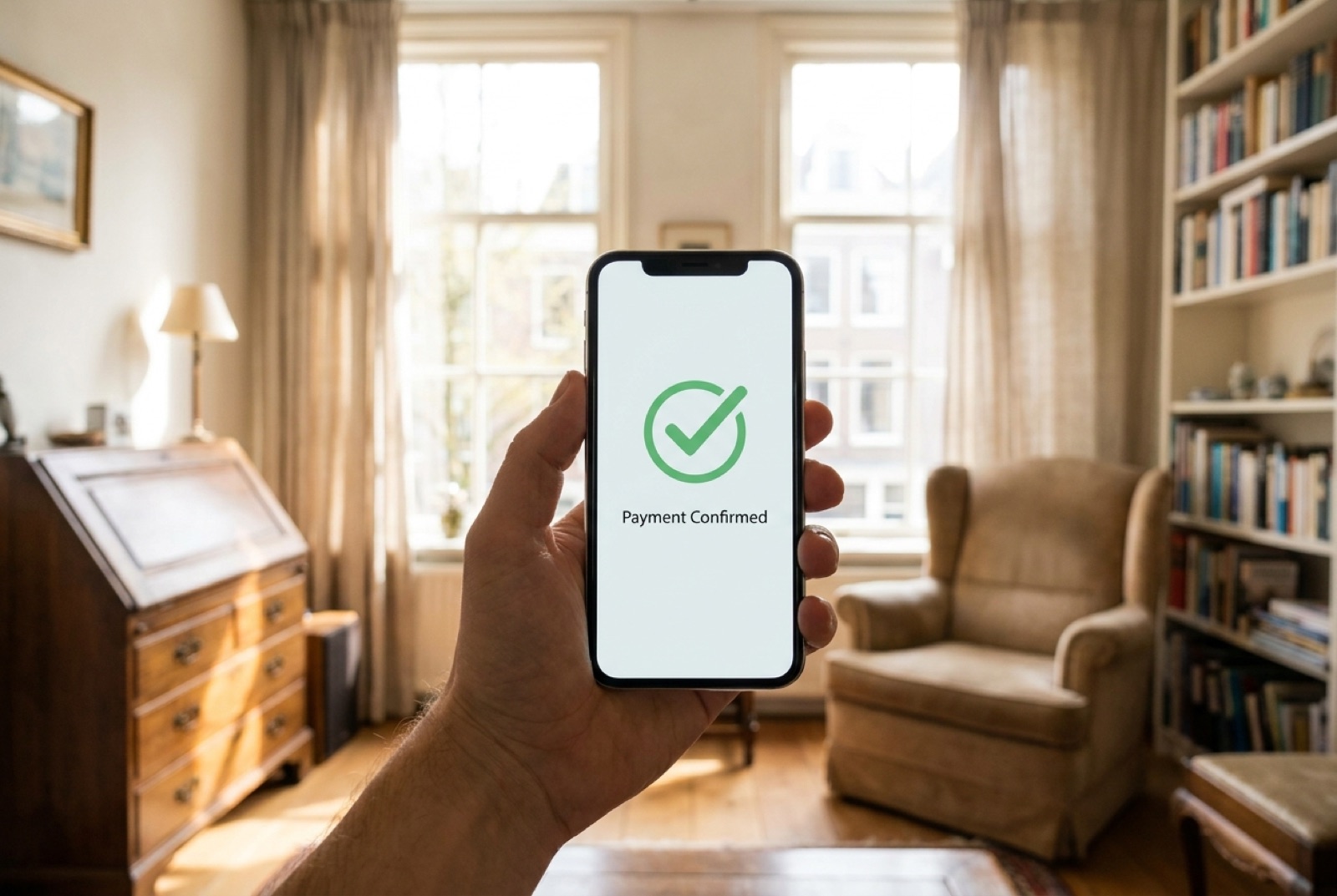 A phone shows a confirmed fixed moving price