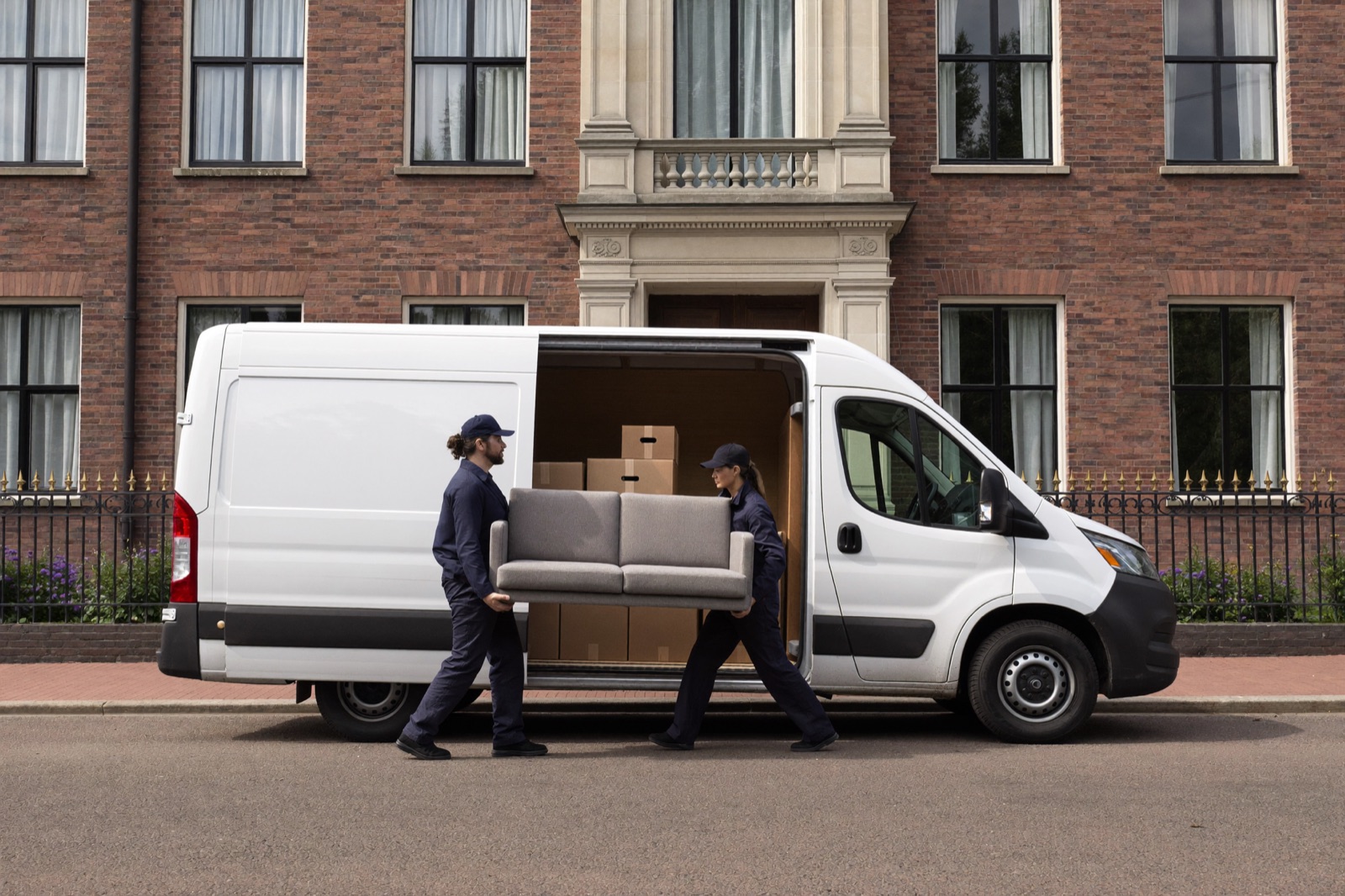 Kade movers carry a sofa and boxes to the moving van
