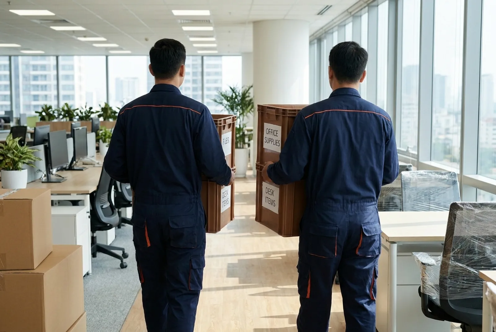 Movers carrying labelled crates through a modern office during a business relocation